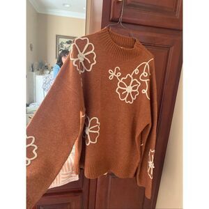 Entro Sweater Floral Stitched Orange Pullover Anthropologie